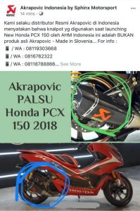 Akrapovic palsu pada Honda Pcx 150