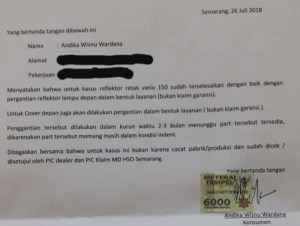 surat meterai klaim new honda vario 150